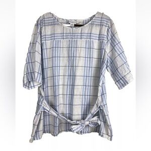 Liz Claiborne Short Sleeve Shirt Top Woman XXL Blue & White Linen Blend